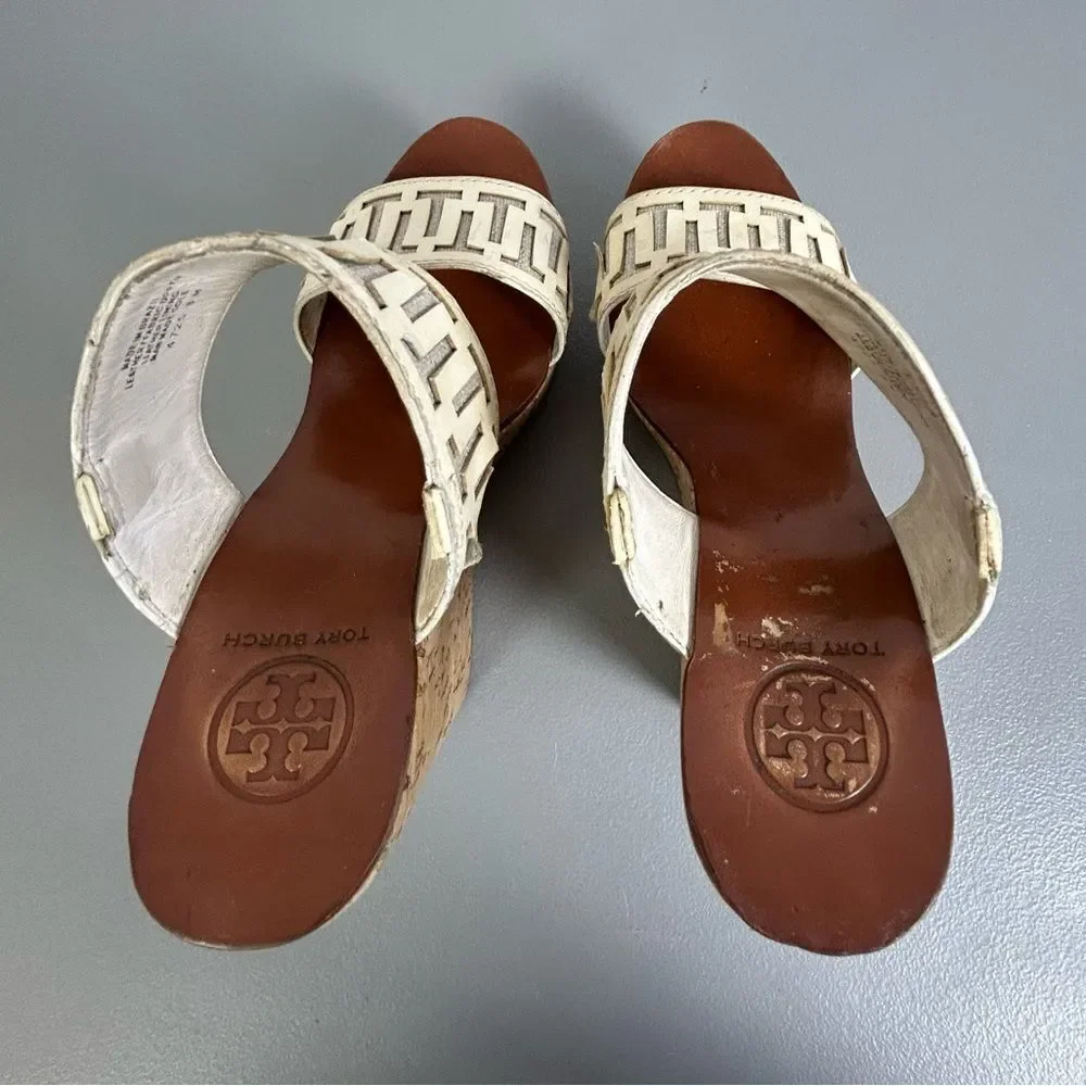 Tory Burch Tan and Cream Wedge Sandals size 8M - Picture 6 of 11
